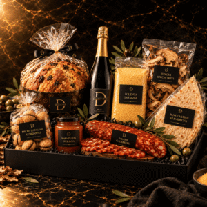 Cestino di natale - corporate gift con salame calabrese polenta vino brut prosecco panettone artigianale biscotti artigianali pane carasau sardegna marmellata sicilia