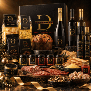 Cestino di natale - corporate gift con salame calabrese polenta vino brut prosecco panettone artigianale biscotti artigianali pane carasau sardegna marmellata sicilia